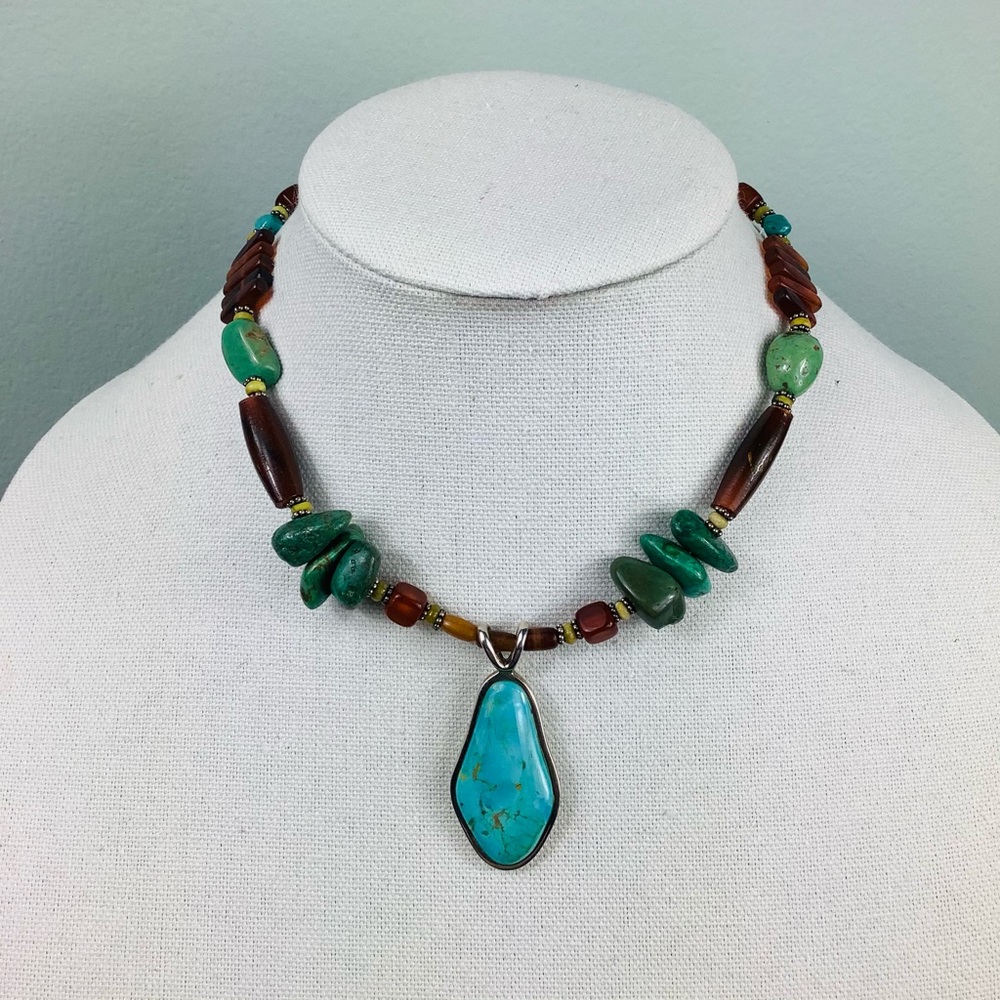 Turquoise, semi-precious stone and sterling silver necklace